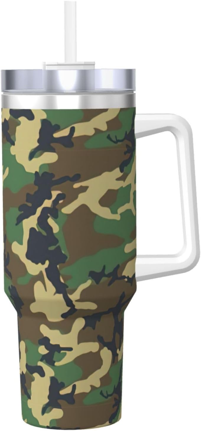 40 OZ Green Military Camo Print Ice Bully Cup with Handle Straw Lid Straw,Stainless Steel Tumbler Coffee Cup