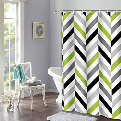 Semtomn Shower Curtain Pattern Modern Lime Green Gray Black Herringbone Geometric Grey 72"X72" Home Decor Waterproof Bath Bathroom Curtains Set With Hooks #TOP3