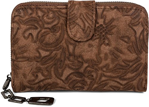 Preisvergleich Produktbild styleBREAKER Geldbörse mit Blumen Ornament Prägung, umlaufender Reißverschluss, Portemonnaie, Damen 02040101, Farbe:Cognac