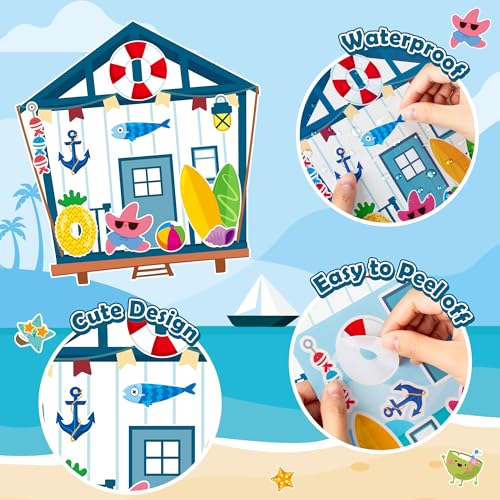 CY2SIDE Summer Seahouse Scene Sticker - 12 Set Hawaiian Luau Sticker Art Craft for Kids School Rewards Make Your Own Starfish Surfboard Ocean House Scene Games Activities Summer Party Favors Supplies - image 3