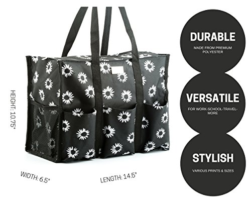 Pursetti Utility Tote With Pockets & Compartments-Perfect Nurse Tote Bag, Teacher Bag, Work Bags For Women & Craft Tote (Black Daisy) #TOP1