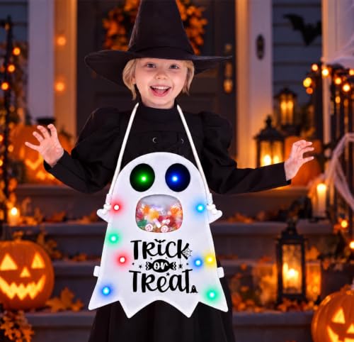 POCOSER Halloween Trick or Treat Bags Candy Bucket Basket, Light Up Ghost Sweet Bags Multipurpose Reusable Goody Buckets for 2026 Halloween Decoration Party Decor Supplies Favors Cute Gifts 1 Pack - image 1