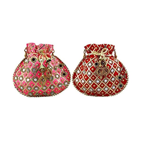 Women's Lookingfab Presents Designer Rajasthani Style Silk Potli Velvet with Purse with Gota Patti Portly handbag Handicrafts Handmade Decorative (Light pink, Red)