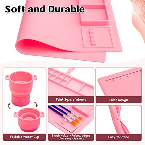 Silicone Painting Mat for Table Protection, 20"x16" Non-Slip Silicone Craft Art Mat with Cup and Lid for Painting, DIY, Resin, Clay, Pink