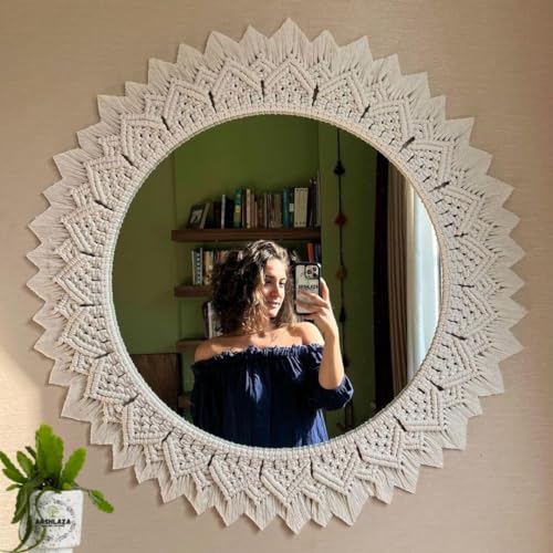 Macrame Round Mirror for Bedroom Decor Handmade Boho Wall Hanging...