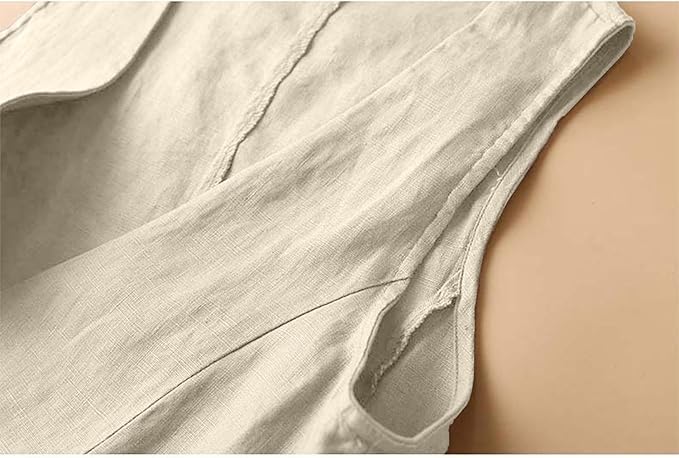 Miniatura 3 de UATKIMI Chaleco de lino de algodón para mujer, casual, holgado, cuello en V, sin mangas, chaqueta, Beige