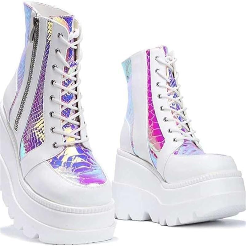 Image of Womens Goth Platform Boots Chunky High Heel Booties Round Toe Combat Ankle Boots Womens Lace Up Motorcycle Wedges Shoes