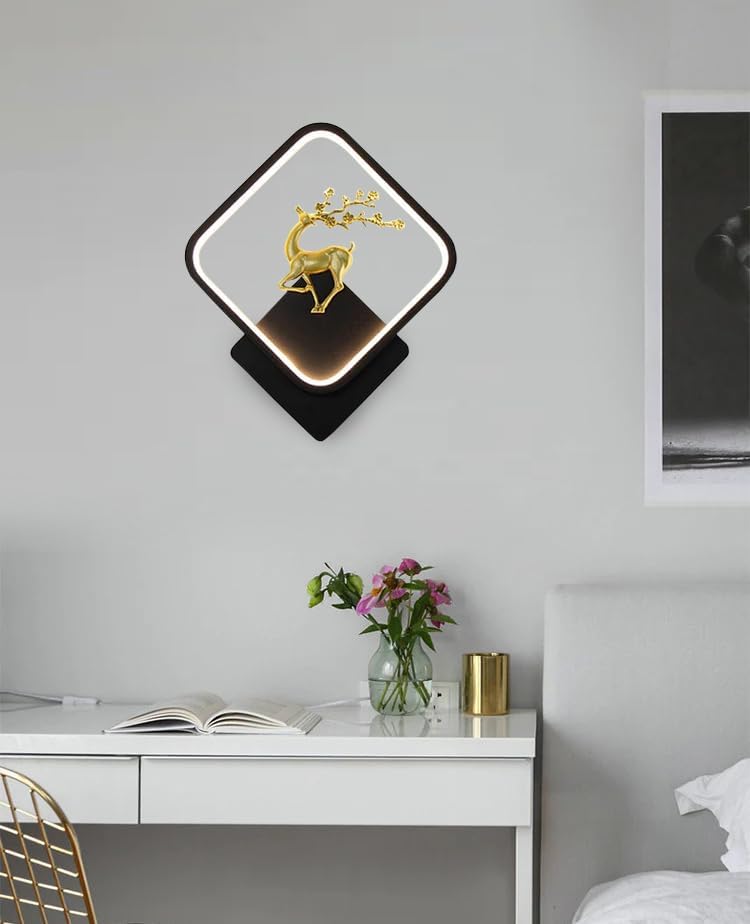Image of Creative Golden Deer Indoor LED Wall Lamp for Living Room & Bedroom, Square Decorative Wall Light with 3 Color Lighting (Yellow, White & Natural White) for Home & Cafe (A8 LED Deer WALL)