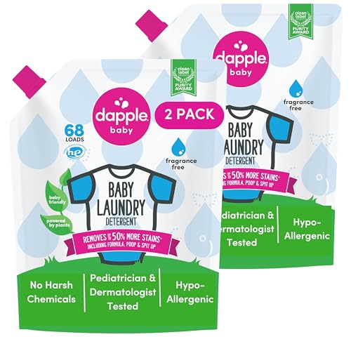 Image of Dapple Baby Laundry Detergent, Powered by Plants, Concentrated, Hypoallergenic, Fragrance Free, Eco-Friendly Pouch, Stain Remover, 34 Fl Oz (2 Pack)