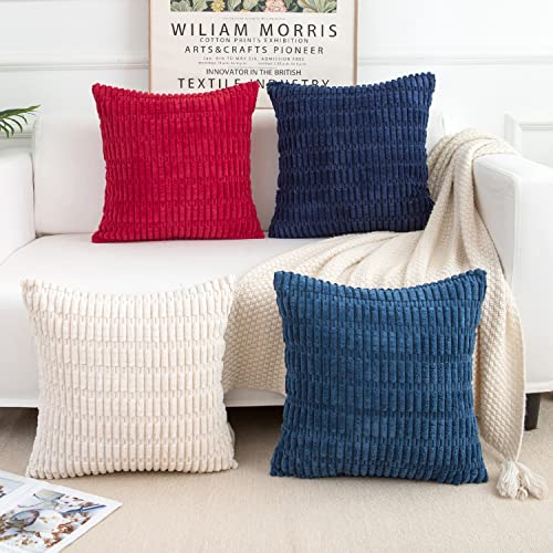 Softalker Corduroy Throw Pillow Covers 18 X 18, Set Of 4, Soft Striped Farmhouse Boho Pillow Cover, Modern Decorative Cushion Pillow Case For Couch Sofa Bedroom Living Room (No Inserts), Red/Blue #TOP4