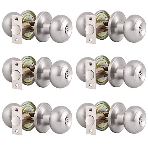 Gobrico Round Satin Nickel Keyed-alike Entry Locks Knobs 6Pack, Front Enry Door Knobs with Lock and Same Key, Round Ball Style Locksets Door Handles