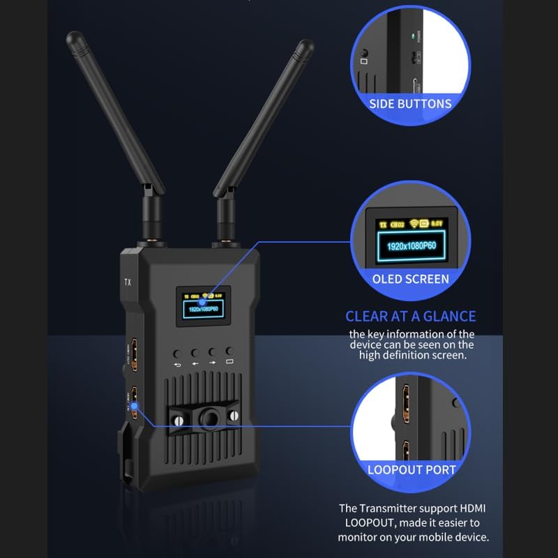 Diagram of JM300PRO Transmitter Unit features: OLED screen, side buttons, and loopout port