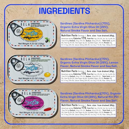 Image of BELA Wild Caught Portuguese Sardines Variety Pack - (2) Tins Each of Piri Piri, Lemon, & Smoke Flavor | 4.25 Oz (Pack of 6) | High Protein, Hand Selected, Naturally Caught, Sea Salted, & Omega 3 Rich