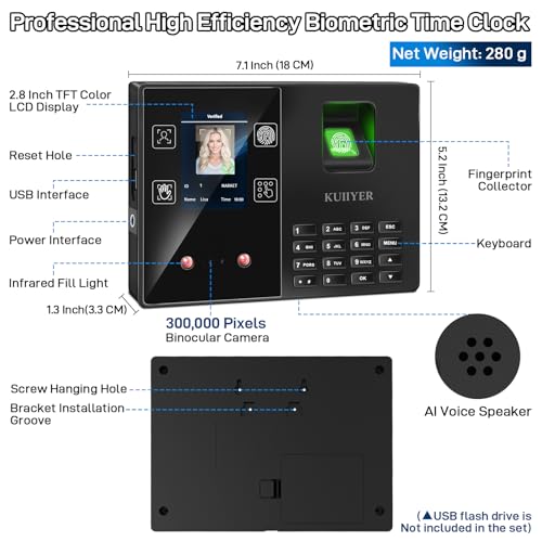Image of KUIIYER 4 in 1 Employees Time Clocks for Small Business (Face + Fingerprint + Palm Print + PIN) Employee Clock in & Out Machine Biometric Attendance Punch Clock Recorder Tracker (No Monthly Fee)
