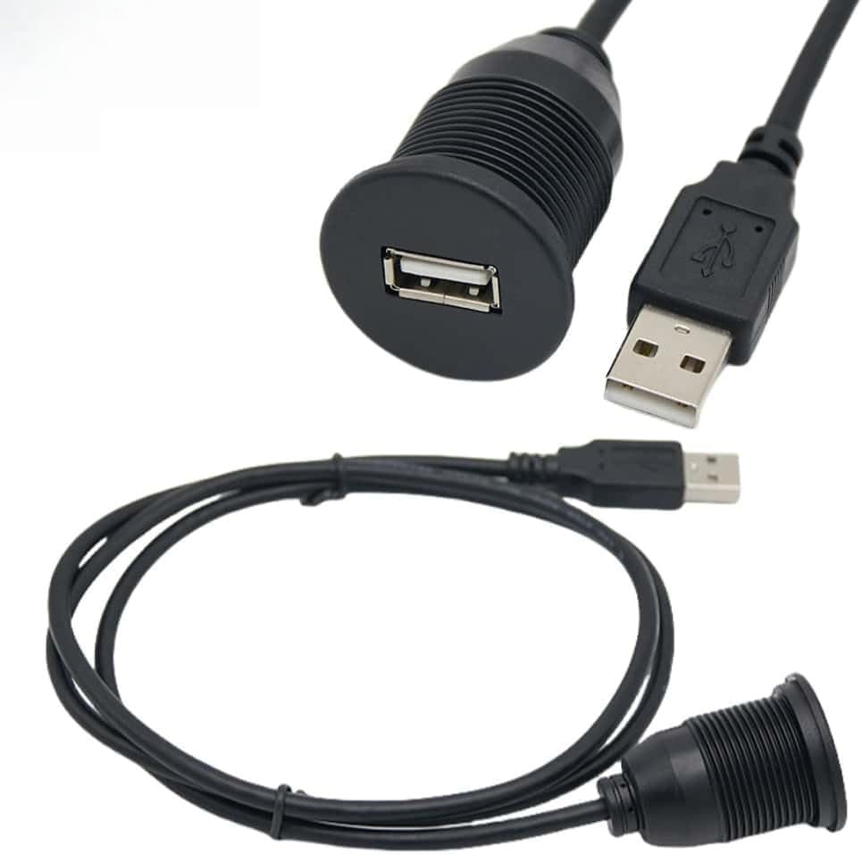 Two 5Gbps Waterproof Embedded USB Extension adapters, USB 2.0 Male-to-Female Ports, Suitable for Automotive, Motorcycle, and Marine Dashboard Extension Cables.