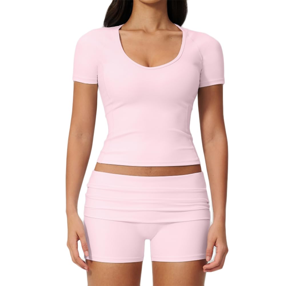 XYFfybhsd Women's 2-Piece Workout Set, U-Neck Short Sleeve Compression Top & Fold-Over High Waist Biker Shorts(Size:S,Color:Pink)