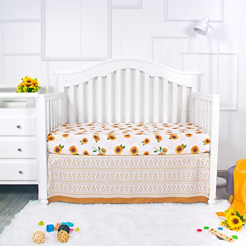 La Premura Sunflower Baby Girl Crib Bedding Set For Girls, 3-Piece Nursery Crib Set Including Crib Sheet, Blanket And Crib Skirt, Sunflower Baby Stuff, Beige & Orange #TOP7