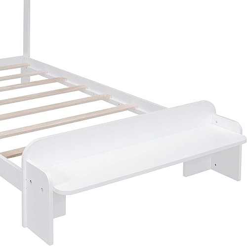 Miniatura 7 de Merax Cama individual de madera con banco de estribo, cama de plataforma baja para niños y niñas, no necesita somier, fácil de montar (individual,
