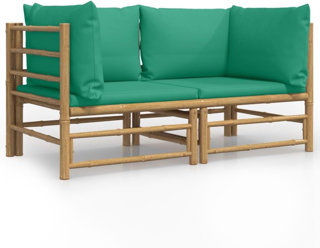Patio Corner Sofas with Green Cushions 2 pcs Bamboo Garden Furniture