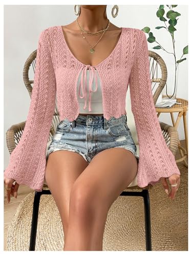 Image of SHENHE Women's Tie Front Cardigan Trumpet Sleeve Pointelle Knit Crop Tops