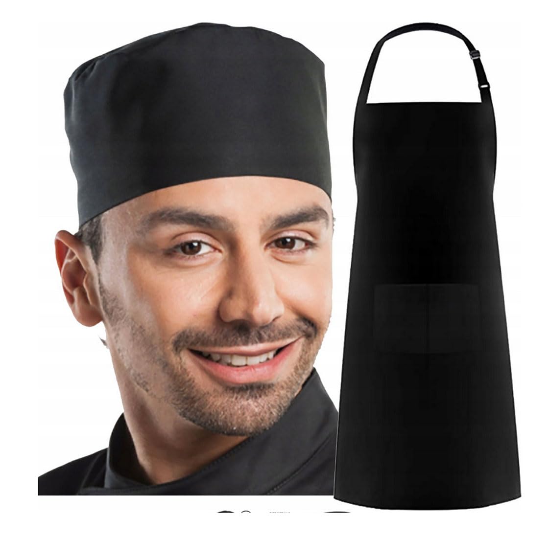 MFAZ Morefaz Ltd Set Black Apron + Chef Hat POCKET BBQ Catering Cook Food Kitchen Apron (Black, S/M)