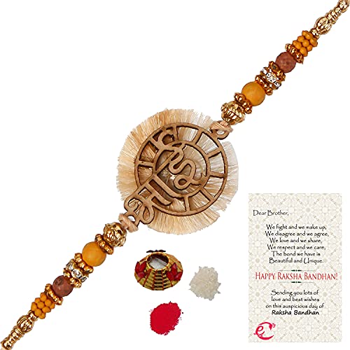 Image of eCraftIndia Peacock Designer Rakhi for Brother with Roli Chawal Pack | Mor Pankh Rakhi for Bhaiya Bhai