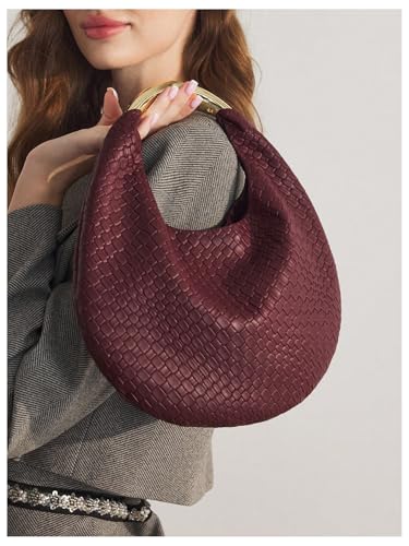 Image of QWINEE Women's Woven Handbag Elegant Clutch Purse Metal Top Handle Cresent Evening Bag Retro PU Leather Clutch Purse