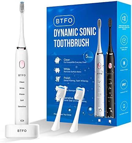 BTFO Sonic Electric Toothbrush with 5 Modes, 2pcs Replacement Brush Heads USB Rechargeable Smart Electronic Toothbrush with Holder for Adults IPX7 Waterproof Timing Fast Charging (White,1741-02)