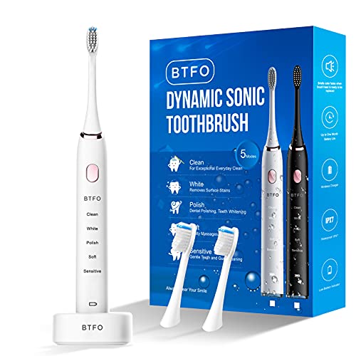 Btfo Sonic Electric Toothbrush With 5 Modes, 2Pcs Replacement Brush Heads Usb Rechargeable Smart Electronic Toothbrush With Holder For Adults Ipx7 Waterproof Timing Fast Charging (White,1741-02) #TOP30