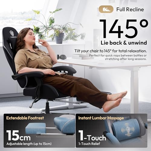 Image of Dowinx Gaming Chair Fabric Big and Tall with Pocket Spring Cushion, Massage Game Chair Cloth with Headrest, Ergonomic Computer Chair with Footrest 350LBS