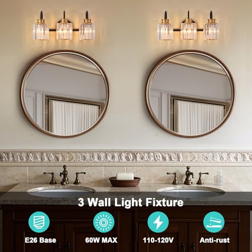 Image of ORB Bathroom Light Fixtures with K9 Crystal Lampshade Bathroom Lighting Over Mirror Vanity Lights for Living Room,Bedroom,Restroom,Hallway 3 Lights