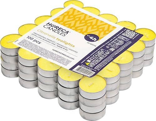 Horeca Candles - Candele Tealight alla Citronella - Set da 100 Candele Profumate - Durata di Combustione 4 Ore - Lumini da Esterno, Balcone, Picnic, Campeggio