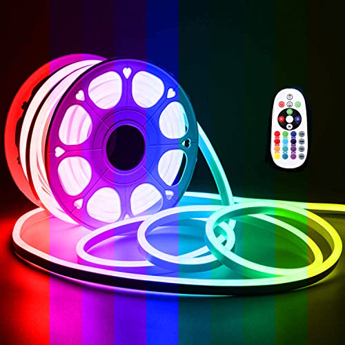 Aclorol RGB Neon Lights AC100V-120V 82FT Neon LED Strip Lights Neon Rope Light Flexible Color Changing 80Leds/MÂ Waterproof Multi-Colors with Remote Controller for Outdoor Garden Commercial 25M