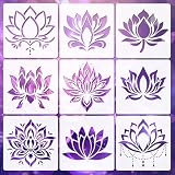 9pieces Lotus Painting Stencils Set-Different Designs Flower Lotus Drawing Plastic Stencils Set for Wall Floor Furniture Wood Painting Drawing Airbrushing