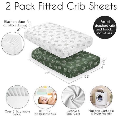 Image of Sweet Jojo Designs 2-Piece Baby Crib Sheets Set (Green Woodland Ginkgo Leaf) for Girls /Boys, Infant Nursery, Toddler Room - Fitted, Standard Size (Forest Greens Earthy, Vintage Minimalist, Botanical)