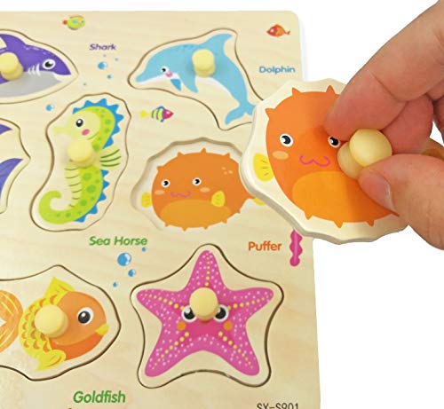Wooden Peg Puzzle, Sea Creature Chunky Baby Puzzles, Colorful Wood Shape Puzzle Peg Board, Animal Knob Puzzle For Educational Toddlers 18 Months And Up, 11 Pieces #TOP3
