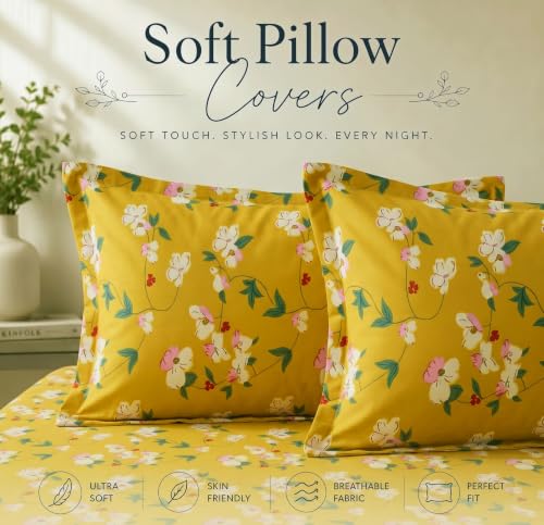 Image of BSB HOME 210 TC Cotton Feel Double Bedsheet with 2 Pillow Covers, Soft & Breathable Floral Printed Bed Sheet, Easy Care Bedding for Bedroom - 86 x 88 Inches (218 x 224 cm) (Mustard Yellow)