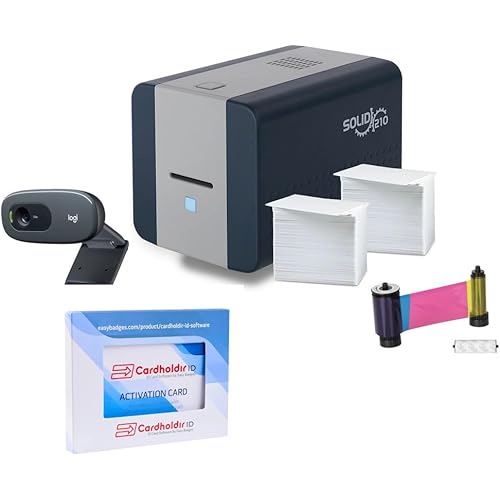 Easy Badges Solid 210 ID Badge Printer | with Beginner Software, HD Webcam, & Everything Needed to Design and Print 200 ID Cards, | Single Sided Employee & Student ID Card Printer