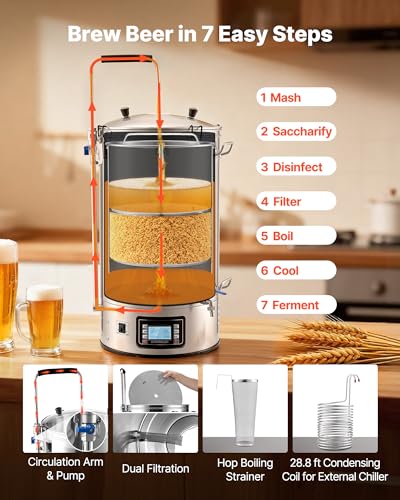 Image of VEVOR Beer Brewing Equipment, 16 Gal /60L Beer Maker with Anti-Burn Pump and Wort Chiller,3000W All-in-One Home Brewing Kit with Digital Control, Recipe Memory & Timer, Removable mesh strainer