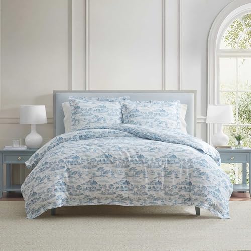 Image of Martha Stewart - Twin Comforter Set, 100% Silky Smooth Cotton Sateen Bedding for Year Round Comfort, 2 Piece Bed Set with Matching Pillowcase (Farmhouse Toile Blue)