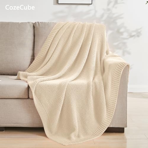 CozeCube Beige Throw Blanket for Couch, Soft Cozy Cable Knit Throw for Bed Sofa Living Room, Lightweight Warm Decorative Farmhouse Christmas Blanket, 60"x80", Light Beige