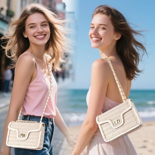 Image of Straw Crossbody Bags for Women, Summer Fashion Straw Purses and Handbags Shoulder Raffia Clutch Bag with Pearls