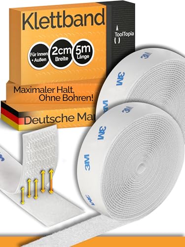 Klettband Selbstklebend Extra Stark Outdoor & Indoor 20mm x 5m weiß (3M Markenkleber), Klett I Klettverschluss Klebeband, Tape für DIY, Basteln, Haushalt, Nähen...ToolTopia Handwerksqualität