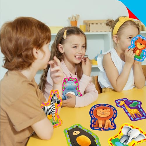 Image of SpriteGru 9 PCS Kids Lacing Cards, 9 Double Sided Wild Animals Sewing Cards with 9 Colorful Laces, Educational & Learning Toys for Preschoolers, Kids Ages 3+