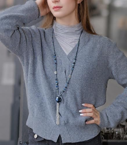 BULINLIN Boho Beaded Long Necklaces for Women Chunky Bead Pendant Necklace with Crystal Tassel Costume Jewelry Gifts for Her4