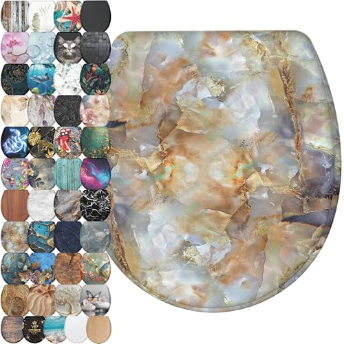 Image of Sanilo Wooden Toilet Seat with Quick Release & Soft Close [ROUND] - Decorative & Slow Close Molded Wood Seat - With One Click for Easy Installation & Cleaning - With Adjustable Fit (Marble Brown)