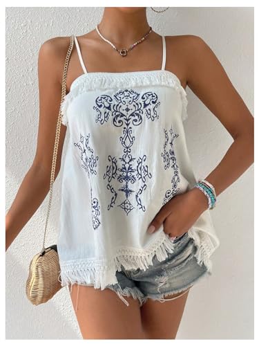 WDIRARA Women's Boho Embroidery Sleeveless Fringe Trim Cami Top Summer Beach Camisole3