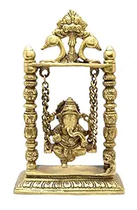 Two Moustaches Brass Antique Yellow Ganesha on Swing Jhoola Showpiece, Standard, Pack of 1