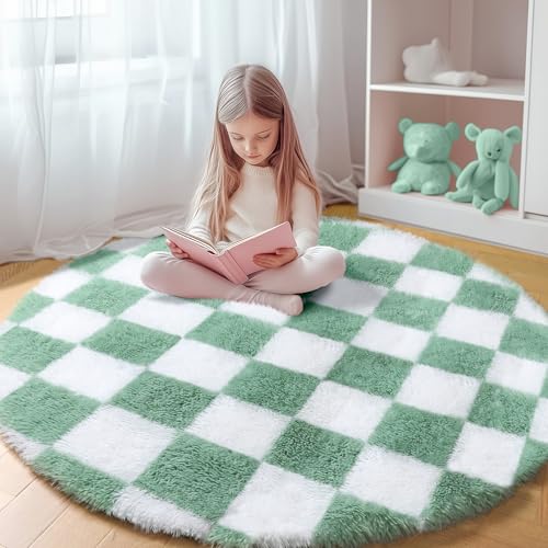 Image of KICMOR Round Rug 4ft for Bedroom, Fluffy Soft Circle Area Rug Cute Small Living Room Carpet, Sage Green and White Fuzzy Shag Shaggy Checkered Circular Rugs for Kids Room Nursery Home Decor Aesthetic