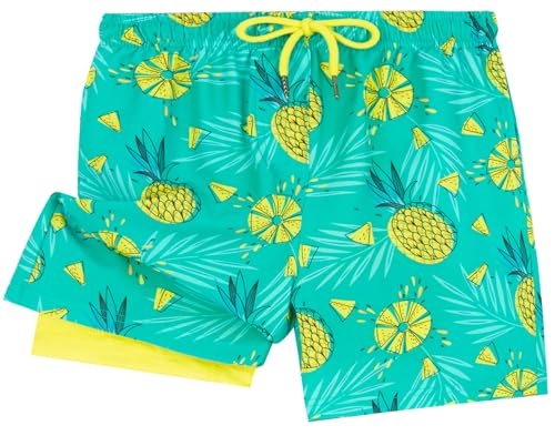 UMELOK Boys Swim Trunks Swimsuit Boxer Brief 2 in 1 Compression Liner Stretch Swim Shorts Quick Dry Beach Bathing Suit Neon Pineapple 10/12